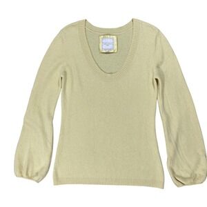 Vintage L Old Navy 100% Cashmere Sweater Pale Yellow Scoop Neck Balloon Sleeve